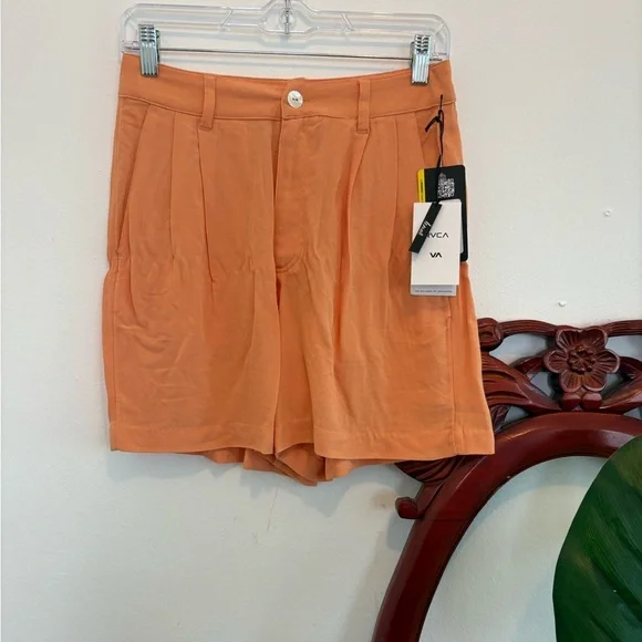 RVCA Vibrant Orange Del Mar Pleated High Waisted Lightweight Shorts - Picture 1 of 4